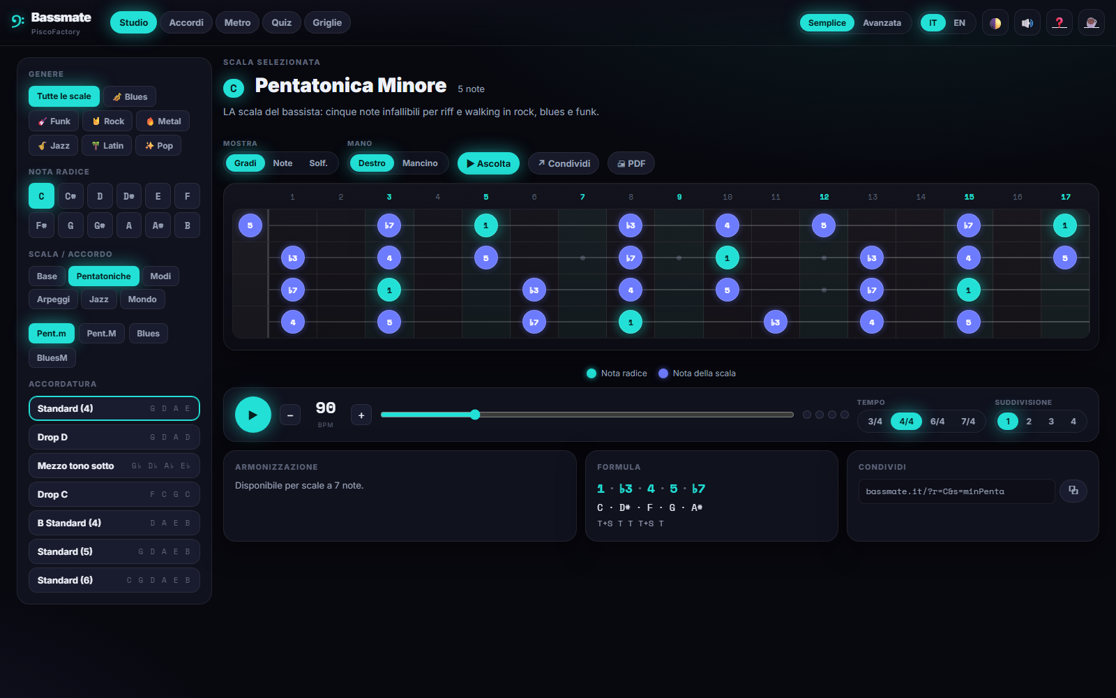 Bassmate: scala pentatonica minore visualizzata sul manico del basso, con ascolto, tempo e formula degli intervalli.